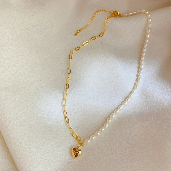 NEW 18K Gold Plated Real Baroque Pearl Chain Link Heart Pendant Choker Necklace - Picture 8 of 11